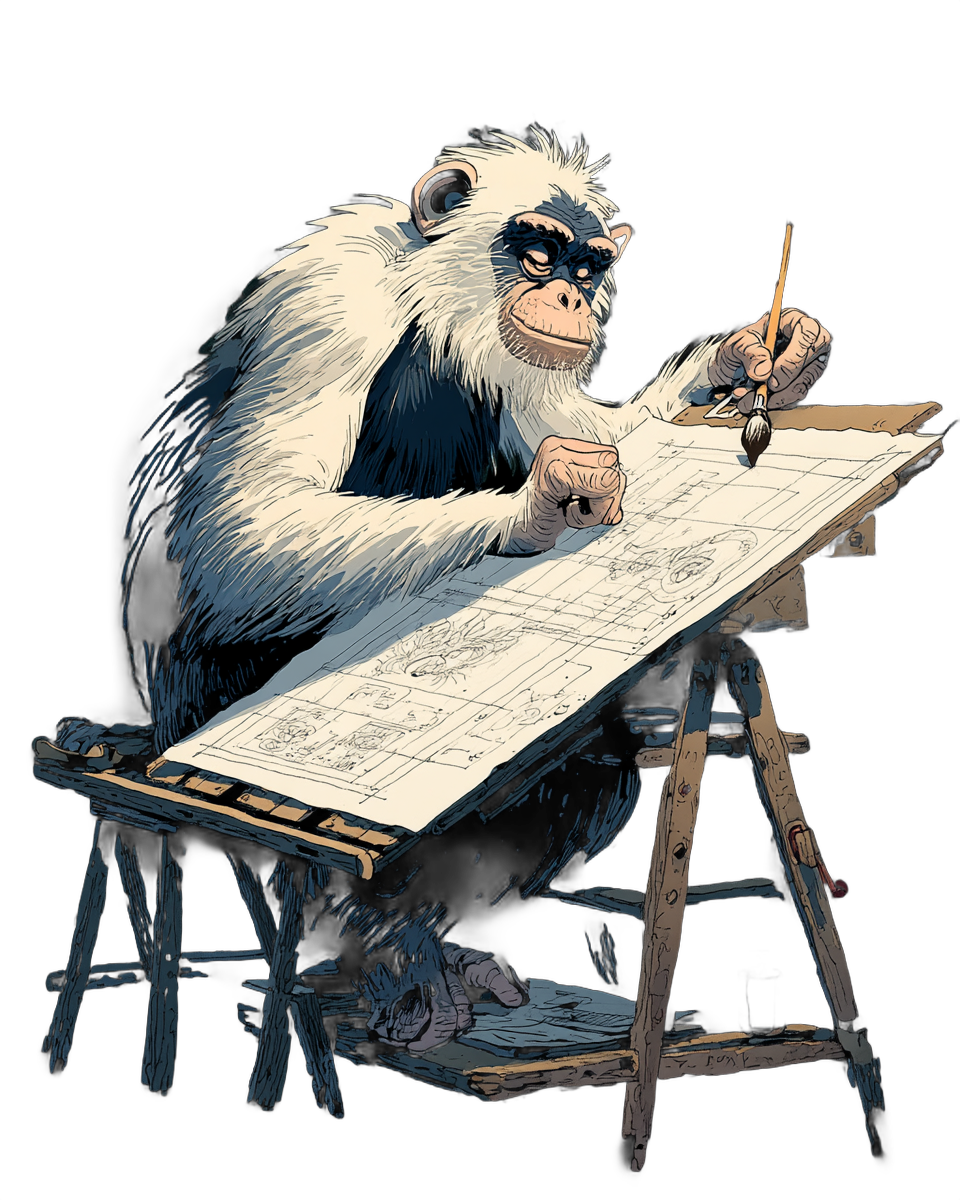 Bonobo at a drafting table with a dip pen and UI wireframes